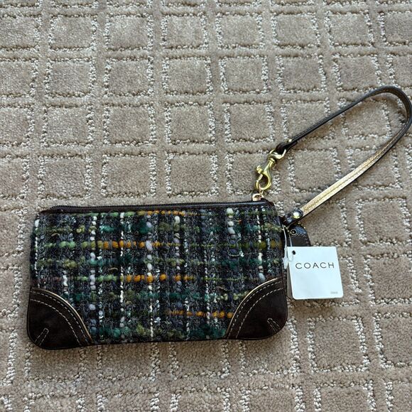 Coach Alpaca Wool Tweed Silk Wristlet Clutch Wallet Brown Suede Trim Y2K NWT - Picture 3 of 9